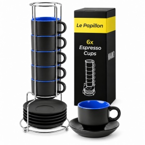 Set 6 Cesti espresso 75 ml cu farfurioare si suport, MIAMIO Le Papillon, albastru
