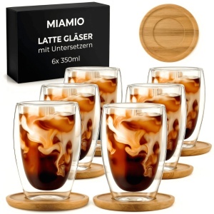 Set 6 Pahare Cappuccino Perete dublu, Sticla borosilicata, fara Toarta, cu Suport din Bambus, 350ml