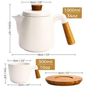 Set Ceainic cu infuzor si 4 Cesti pentru ceai, cu farfurii din bambus, 1000ml, 4x300ml, ceramica, alb - Img 2