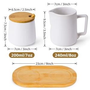 Set Latiera si Zaharnita cu tava de servire cafea, cana lapte 240ml, recipient zahar 200ml cu capac si lingurita, ceramica, alb - Img 3