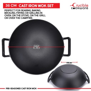 Tigaie Wok din Fontă Pre-Asezonată 6.5L – Crucible Cookware, 36 cm, cu Capac Sticlă, Suporturi Silicon și Racletă Curățare - Img 3