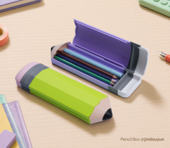 Penar în formă de creion printat 3D, în verde lime și mov, deschis, cu creioane colorate