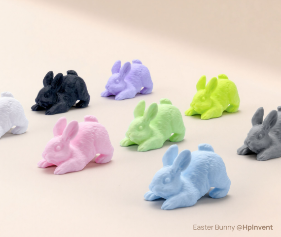 Iepurași printați 3D în culori pastelate: roz, mov, lime, verde, albastru, alb, negru și gri