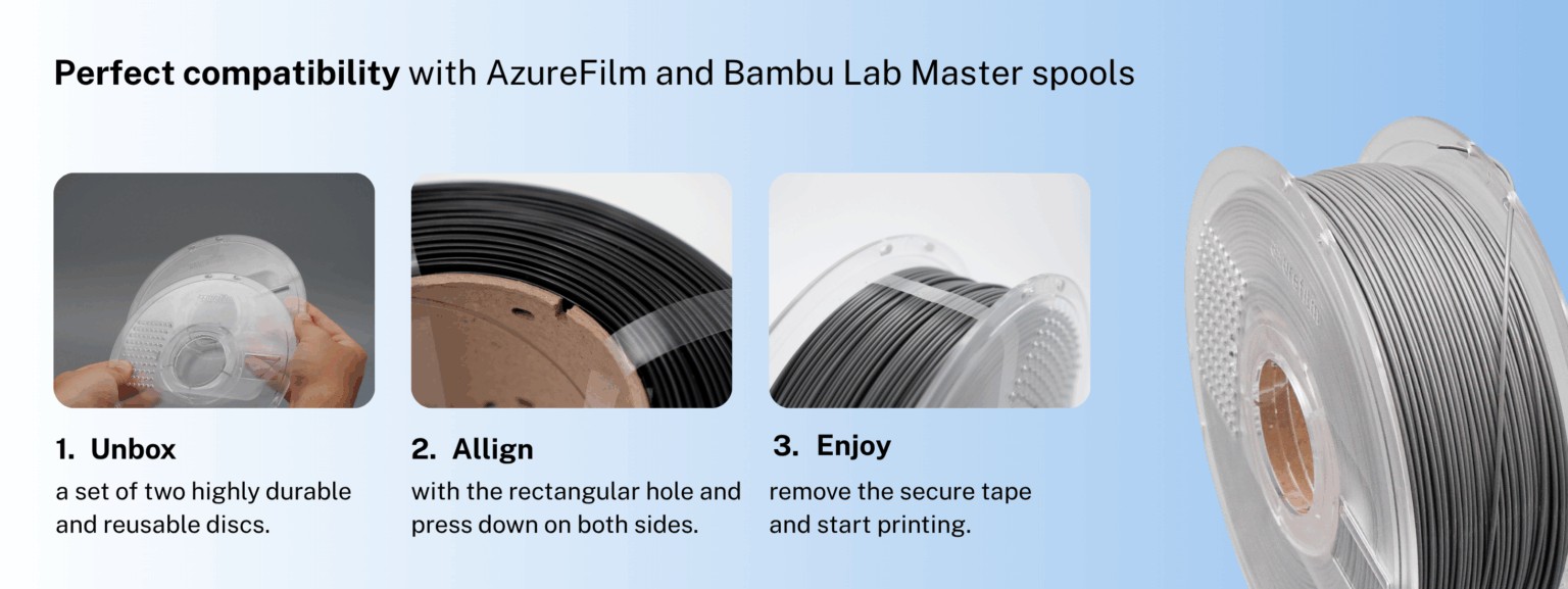 Compatibilitate Master Spool AzureFilm și Bambu Lab - pași Unbox Align Enjoy
