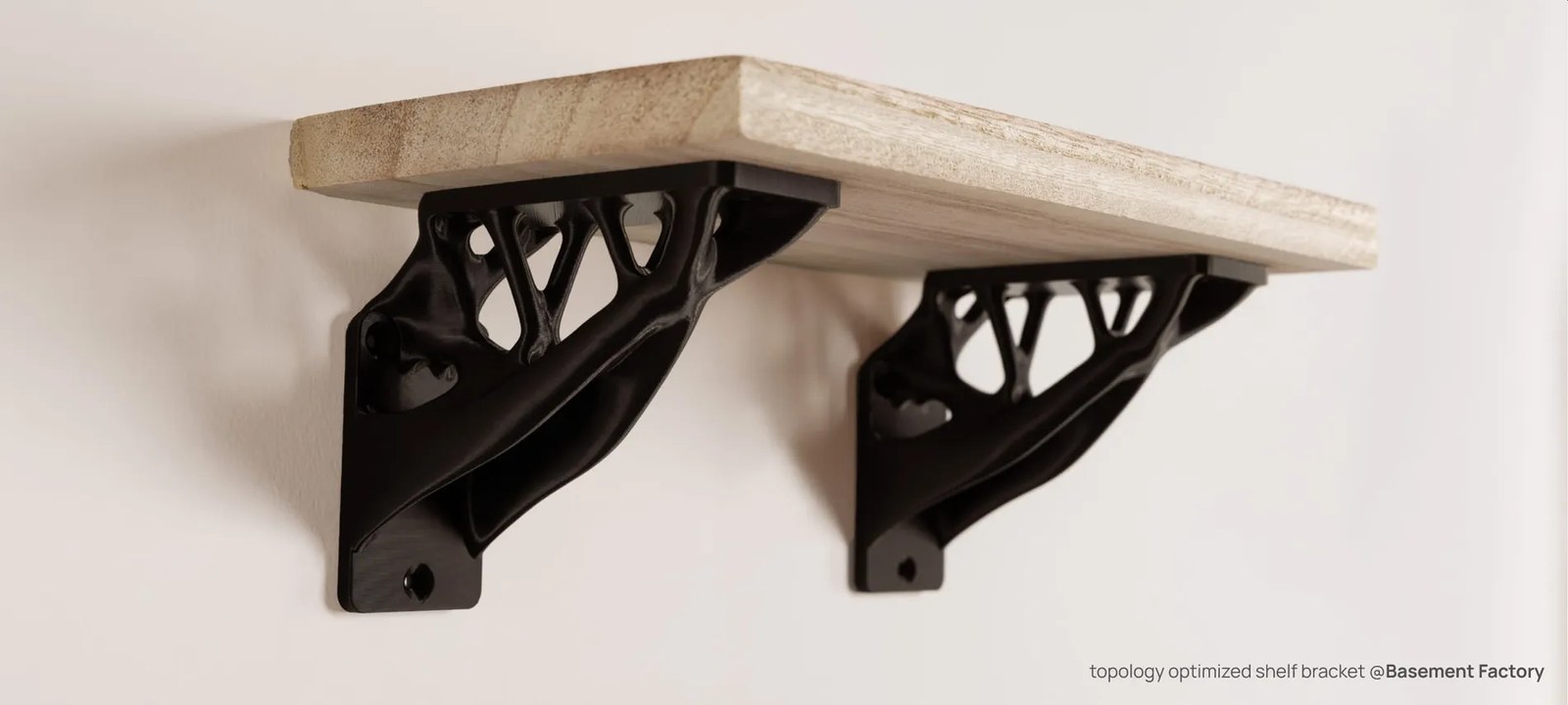 Suporți de raft imprimați 3D, cu structură optimizată topologic, pentru un raft din lemn