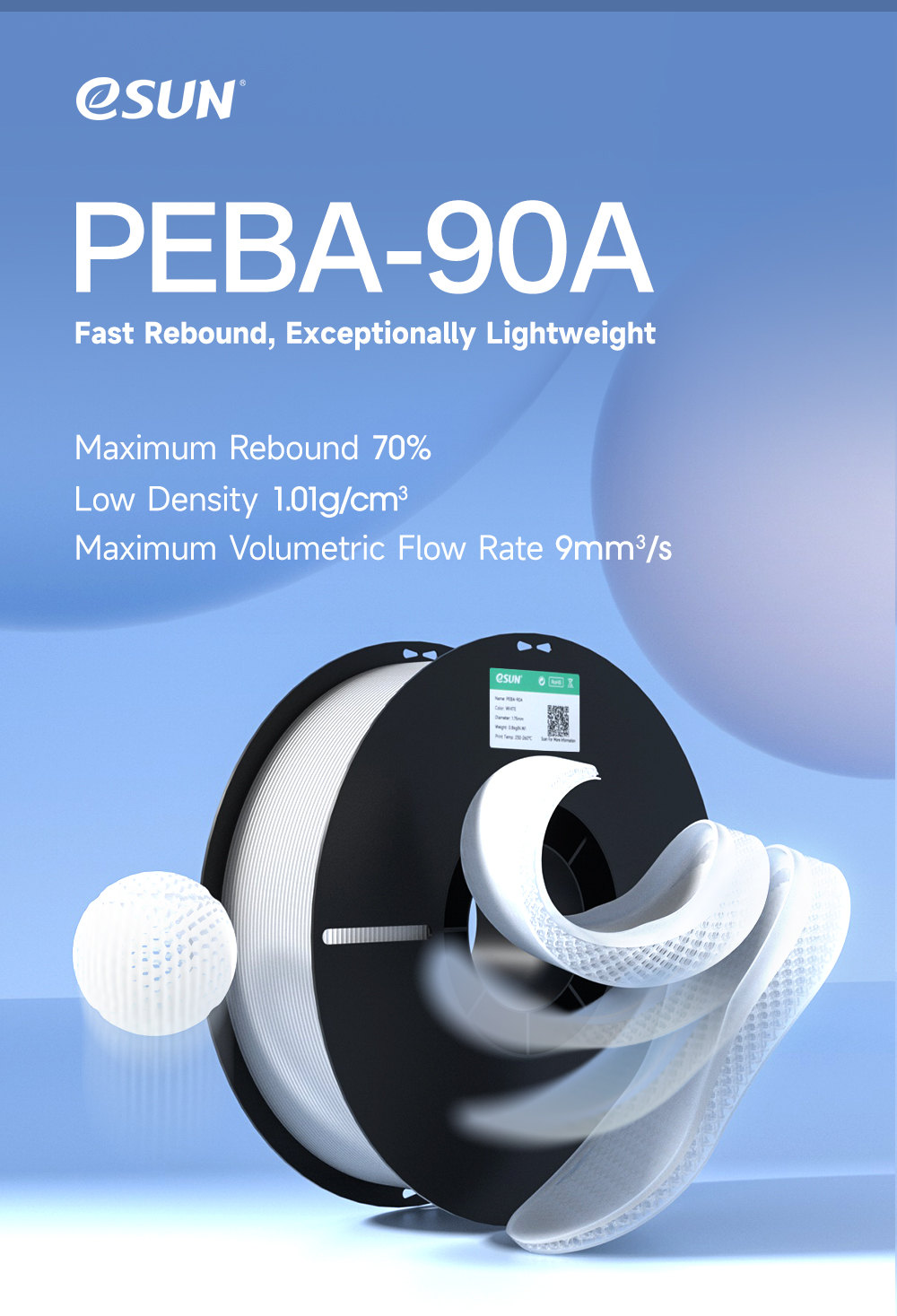 Filament eSUN PEBA-90A – revenire elastică maximă 70%, densitate 1,01 g/cm³, debit volumetric maxim 9 mm³/s