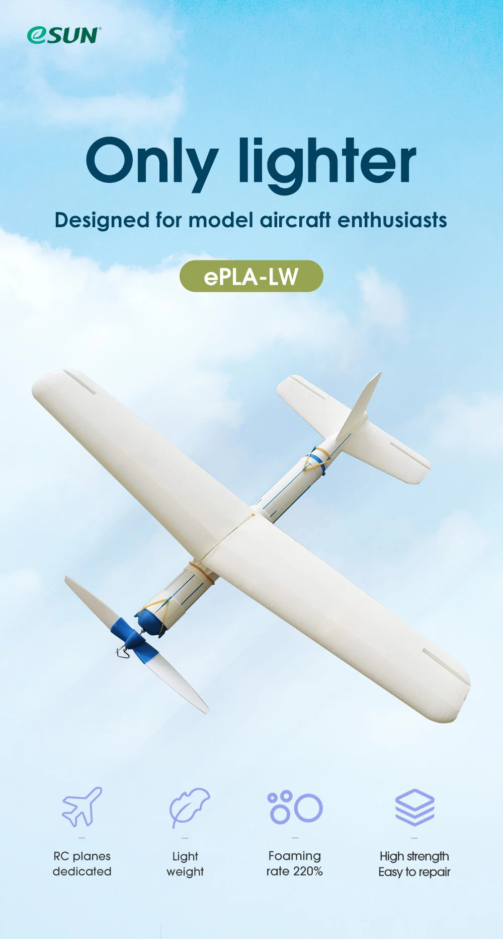 Aeromodel RC imprimat 3D din filament eSUN PLA-LW – PLA ușor pentru aeromodele, cu spumare de până la 220%