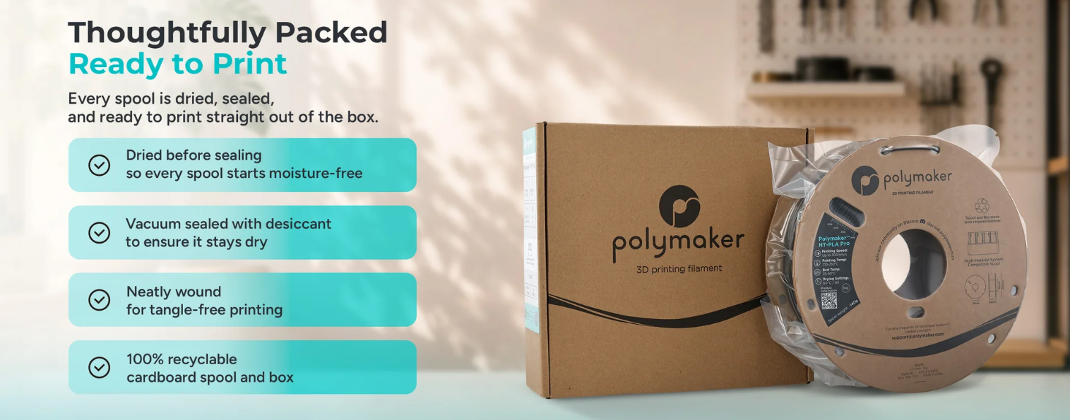 Rola filament Polymaker HT-PLA Pro ambalata, uscata si sigilata, gata de printat