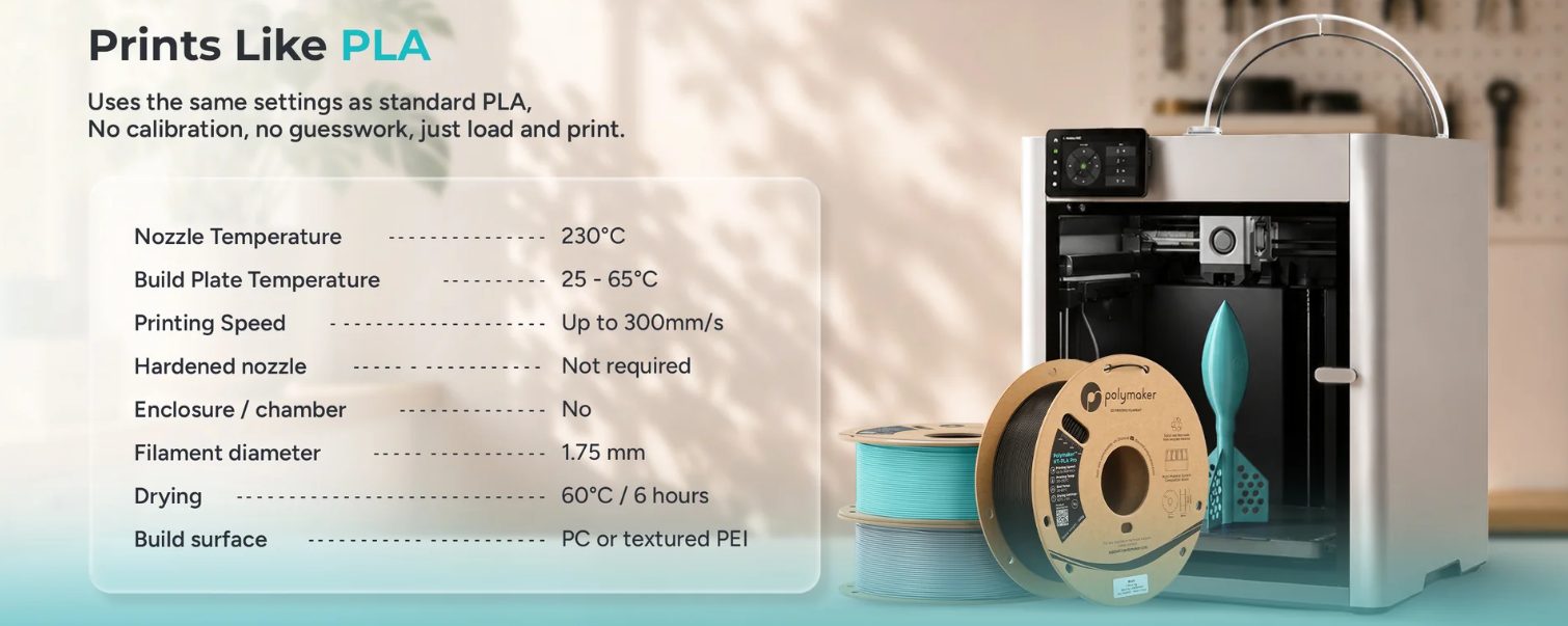 Polymaker HT-PLA Pro se printeaza ca PLA standard, temperatura duza 230 grade, pat 25-65 grade, viteza pana la 300mm/s, fara duza calita, fara incinta