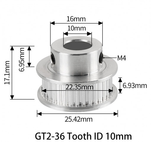 Fulie dintata 36 dinti pentru curea GT2 6mm ax 10mm