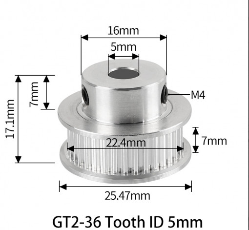 Fulie dintata 36 dinti pentru curea GT2 6mm ax 5mm