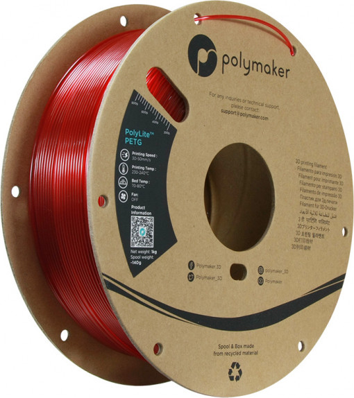 Filament POLYMAKER PolylLite PETG Translucent Red 1Kg
