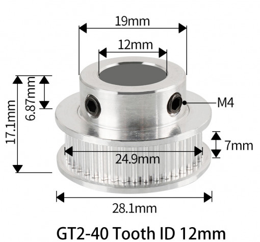 Fulie dintata 40 dinti pentru curea GT2 6mm ax 12mm