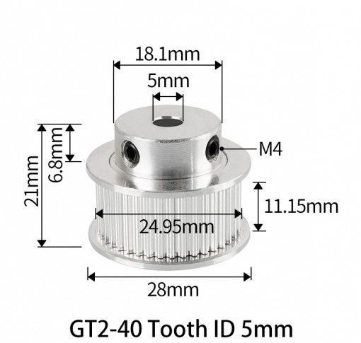 Fulie dintata 40 dinti pentru curea GT2 10mm ax 5mm