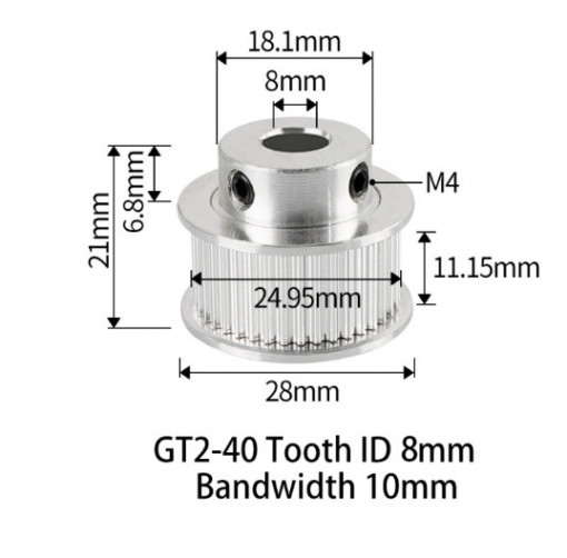Fulie dintata 40 dinti pentru curea GT2 10mm ax 8mm