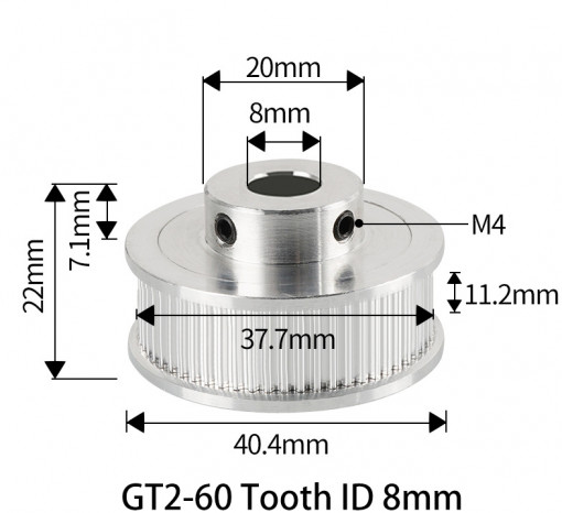 Fulie dintata 60 dinti pentru curea GT2 10mm ax 8mm