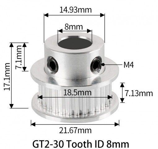Fulie dintata 30 dinti pentru curea GT2 6mm ax 8mm