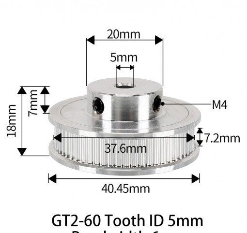 Fulie dintata 60 dinti pentru curea GT2 6mm ax 5mm