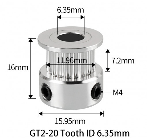 Fulie dintata 20 dinti pentru curea GT2 6mm ax 6.35mm