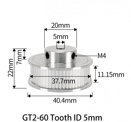 Fulie dintata 60 dinti pentru curea GT2 10mm ax 5mm