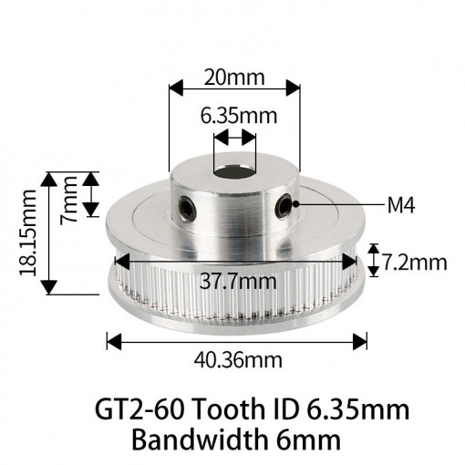 Fulie dintata 60 dinti pentru curea GT2 6mm ax 6.35mm