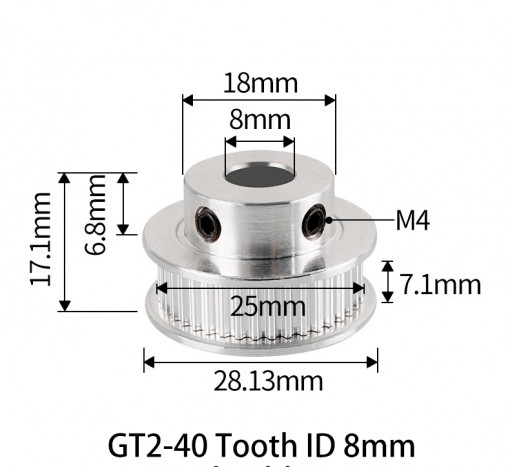 Fulie dintata 40 dinti pentru curea GT2 6mm ax 8mm