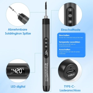 Detalii ciocan de lipit wireless: vârf detașabil, taste de comandă pentru pornire și temperatură, afișaj LCD digital și port de încărcare USB-C