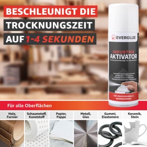 Everglue Industrie Aktivator caracteristici: accelereaza uscarea la 1-4 secunde, compatibil cu lemn, spuma, plastic, hartie, carton, metal, sticla, cauciuc, ceramica