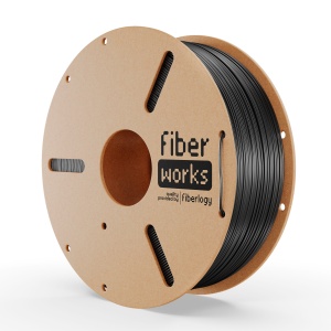 Rolă filament PETG FiberWORKS negru, vedere frontală cu eticheta Fiberlogy