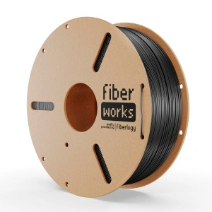 Rolă filament PETG FiberWORKS negru, vedere frontală cu eticheta Fiberlogy