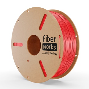 Rolă filament PETG FiberWORKS roșu, vedere frontală cu eticheta Fiberlogy