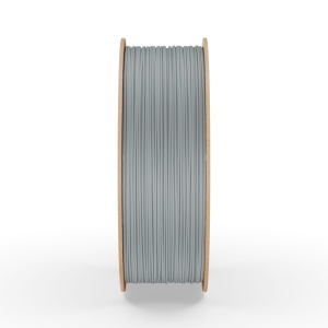 Rolă filament PLA FiberWORKS gri, vedere laterală a filamentului înfășurat