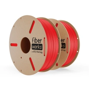 Două role de filament PLA FiberWORKS roșu, cu eticheta produsului vizibilă