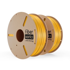 Două role de filament PETG FiberWORKS galben, cu eticheta produsului vizibilă