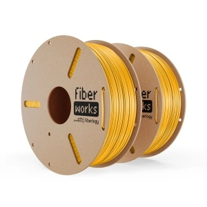 Două role de filament PETG FiberWORKS galben, cu eticheta produsului vizibilă