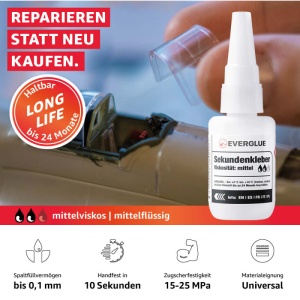 Everglue Super Glue caracteristici: valabilitate 24 luni, spalt de umplere 0,1mm, priza in 10 secunde, rezistenta la forfecare 15-25 MPa, aplicatii universale, exemplu reparatie model masina