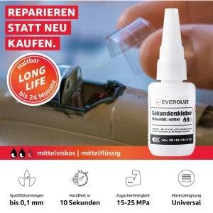 Everglue Super Glue caracteristici: valabilitate 24 luni, spalt de umplere 0,1mm, priza in 10 secunde, rezistenta la forfecare 15-25 MPa, aplicatii universale, exemplu reparatie model masina