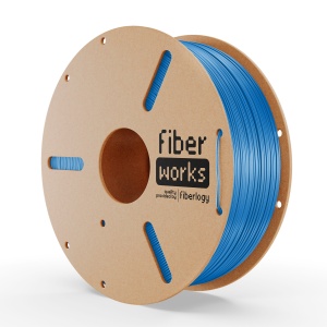 Rolă filament PETG FiberWORKS albastru, vedere frontală cu eticheta Fiberlogy