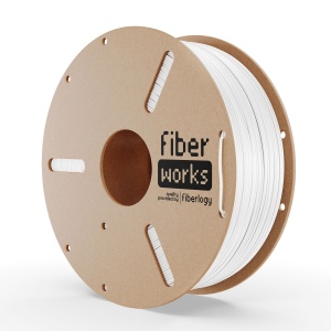 Rolă filament PETG FiberWORKS alb, vedere frontală cu eticheta Fiberlogy