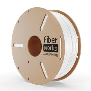 Rolă filament PETG FiberWORKS alb, vedere frontală cu eticheta Fiberlogy
