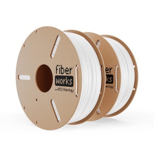 Rolă filament PLA FiberWORKS alb, vedere laterală a filamentului înfășurat