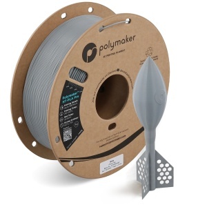 Rolă filament Polymaker HT-PLA Pro Grey alături de un model printat 3D