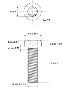 Desen tehnic și cote dimensiuni pentru șurub M1.6x8 mm TX5, cap redus de la Reprapmania