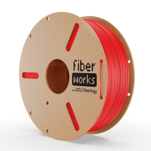 Rolă filament PLA FiberWORKS roșu, vedere frontală cu eticheta Fiberlogy