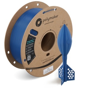 Rolă filament Polymaker HT-PLA Pro Blue alături de un model printat 3D