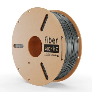 Rolă filament PETG FiberWORKS grafit, vedere frontală cu eticheta Fiberlogy
