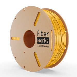Rolă filament PETG FiberWORKS galben, vedere frontală cu eticheta Fiberlogy