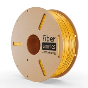 Rolă filament PETG FiberWORKS galben, vedere frontală cu eticheta Fiberlogy