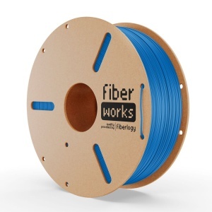 Rolă filament PLA FiberWORKS albastru, vedere frontală cu eticheta Fiberlogy