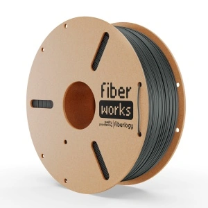 Rolă filament PLA FiberWORKS grafit, vedere frontală cu eticheta Fiberlogy